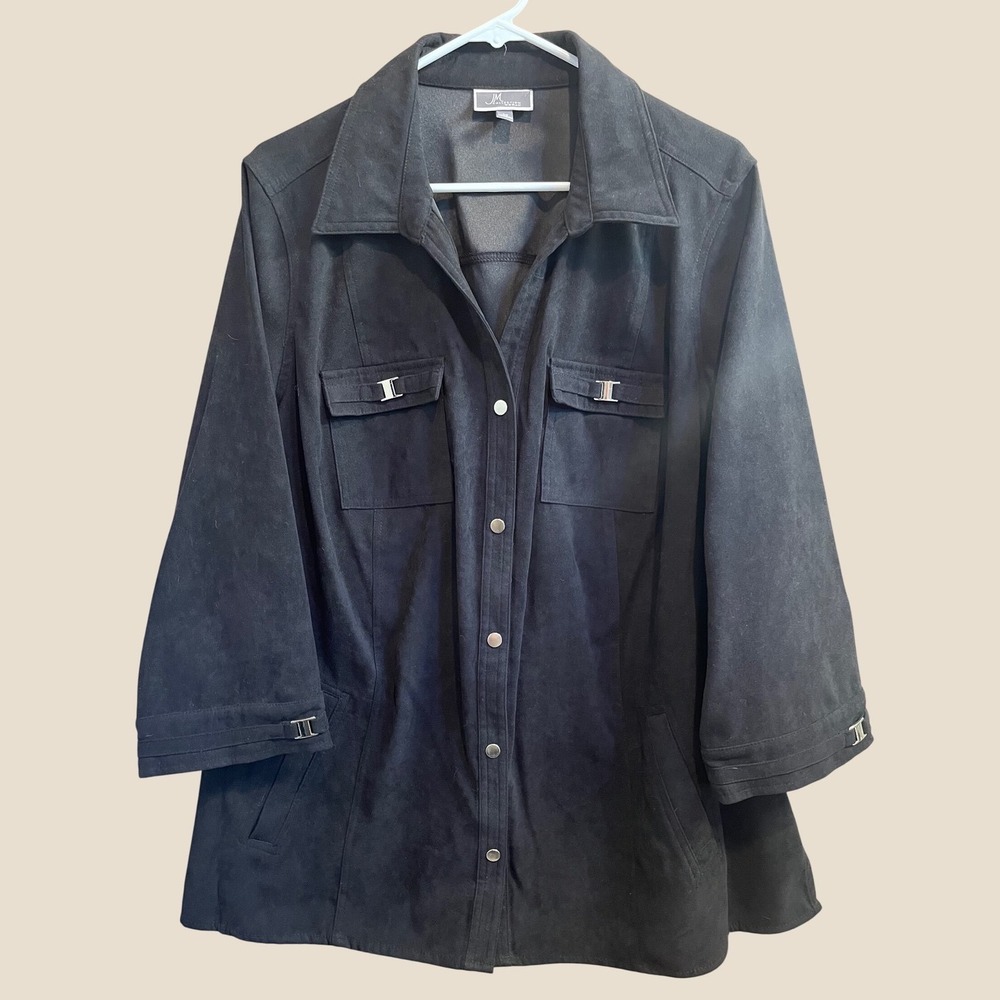 JM Collection Faux Suede Shirt Jacket Womens 2X Black Snap Front 3/4 Sleeve
